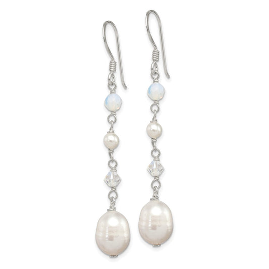 QE2062 Sterling Silver Polished FWC Pearl/Opalite Crystal/Crystal Dangle Earrings