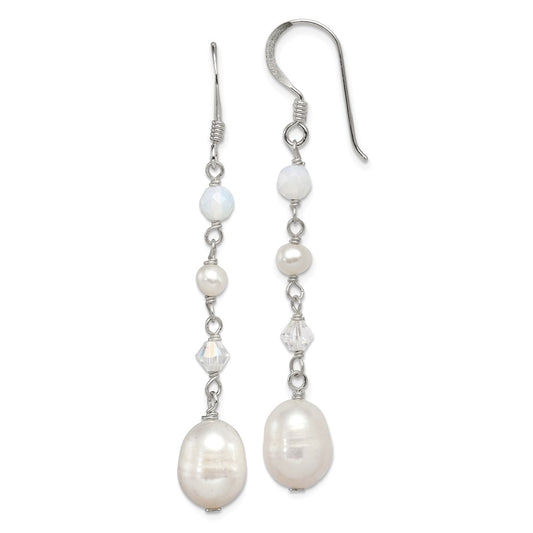 QE2062 Sterling Silver Polished FWC Pearl/Opalite Crystal/Crystal Dangle Earrings