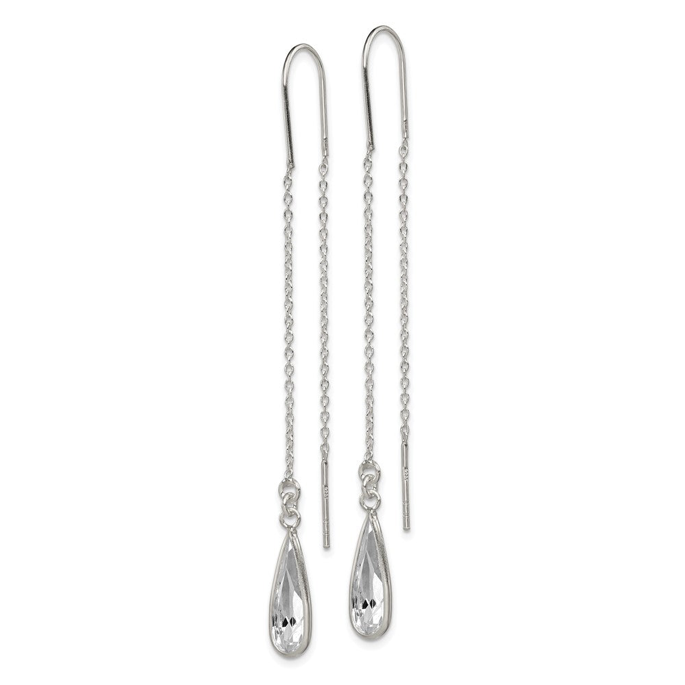 QE2067 Sterling Silver Polished Crystal Teardrop Threader Earrings