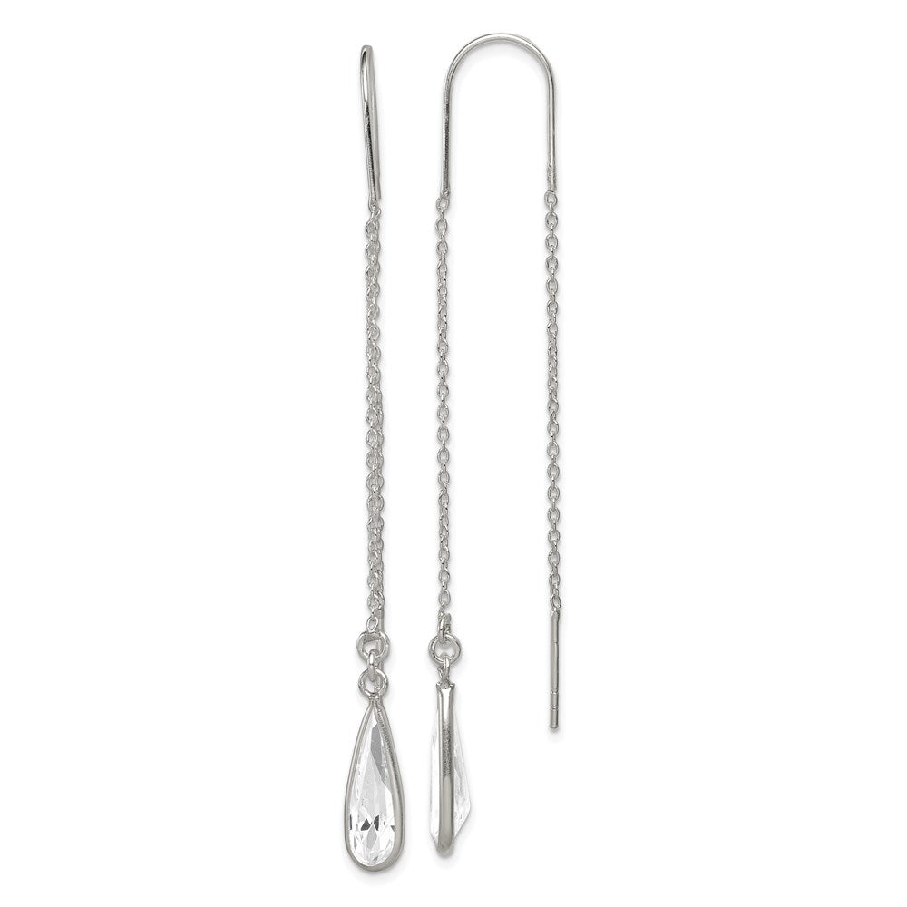 QE2067 Sterling Silver Polished Crystal Teardrop Threader Earrings