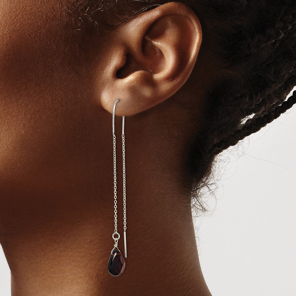QE2188 Sterling Silver Polished Dark Olivine Crystal Teardrop Threader Earrings