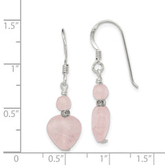 QE2230 Sterling Silver Polished & Antiqued Rose Quartz Heart Dangle Earrings