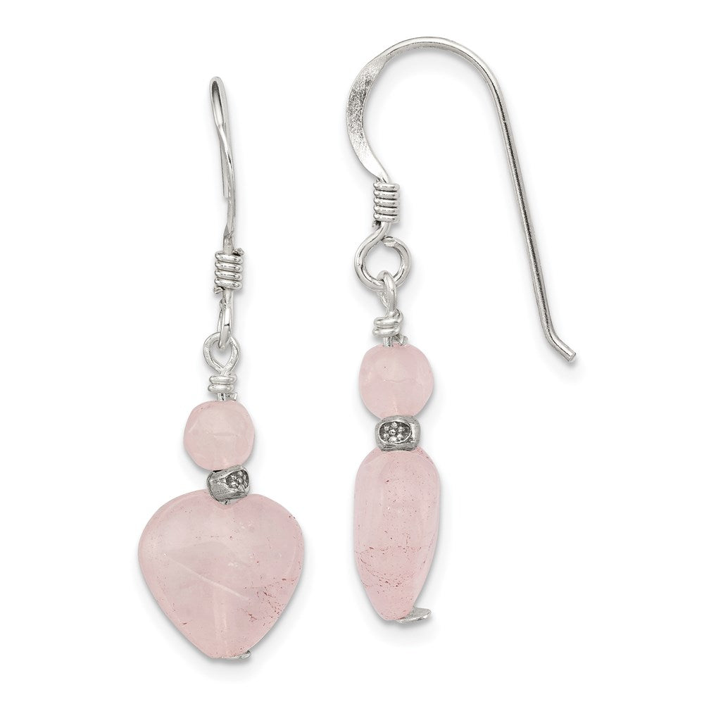 QE2230 Sterling Silver Polished & Antiqued Rose Quartz Heart Dangle Earrings