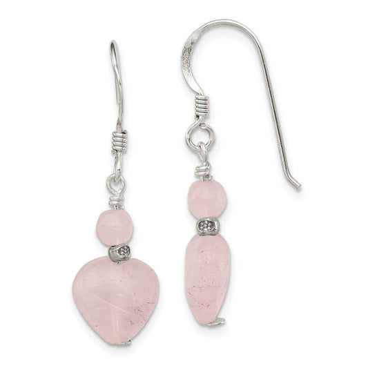 QE2230 Sterling Silver Polished & Antiqued Rose Quartz Heart Dangle Earrings