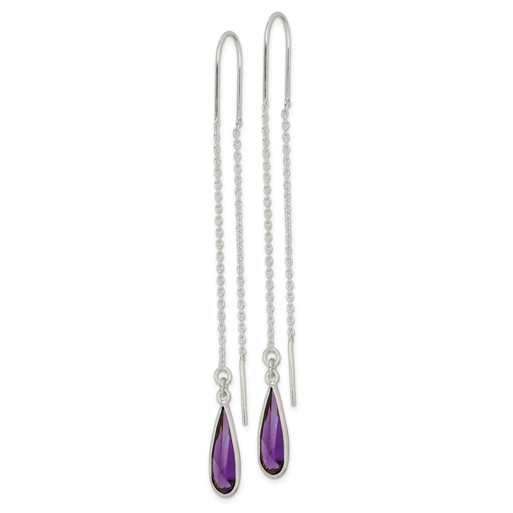 QE2332 Sterling Silver Polished Purple CZ Teardrop Threader Earrings