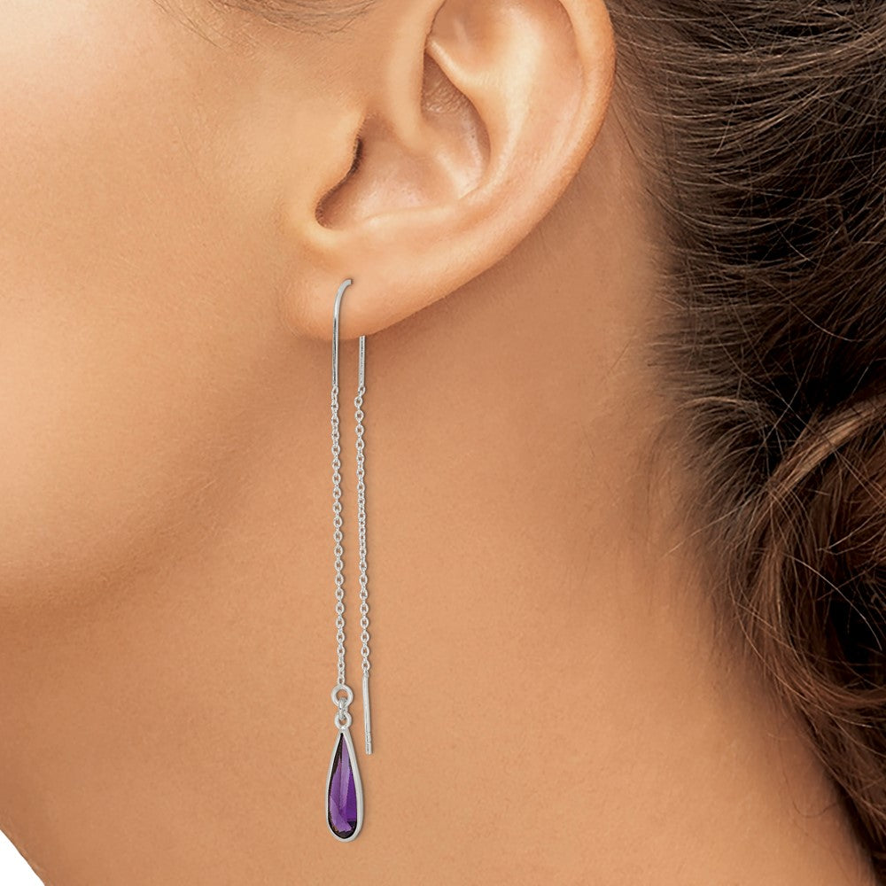 QE2332 Sterling Silver Polished Purple CZ Teardrop Threader Earrings