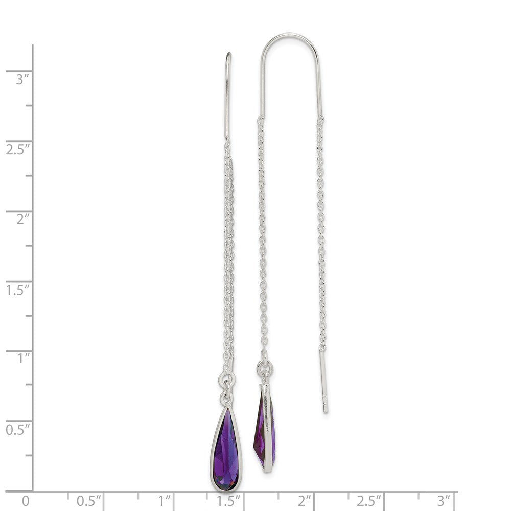 QE2332 Sterling Silver Polished Purple CZ Teardrop Threader Earrings