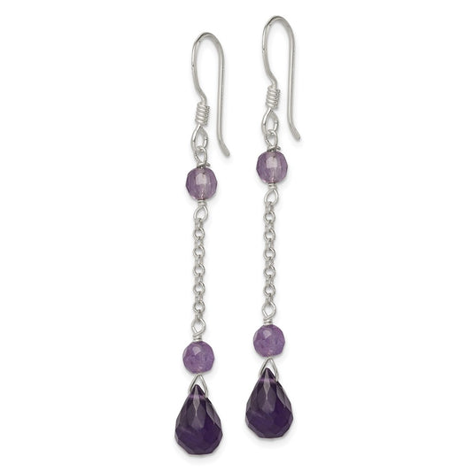 QE2352 Sterling Silver Polished Amethyst Teardrop Dangle Earrings