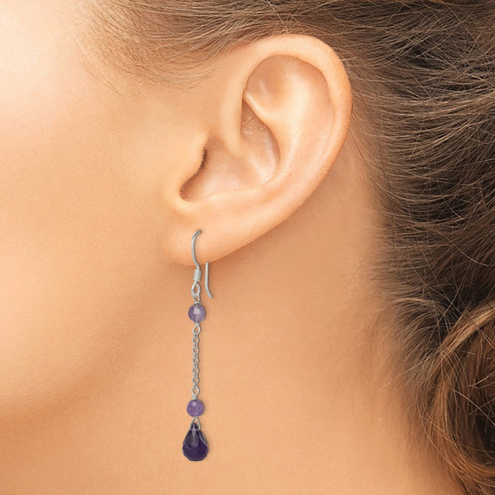 QE2352 Sterling Silver Polished Amethyst Teardrop Dangle Earrings