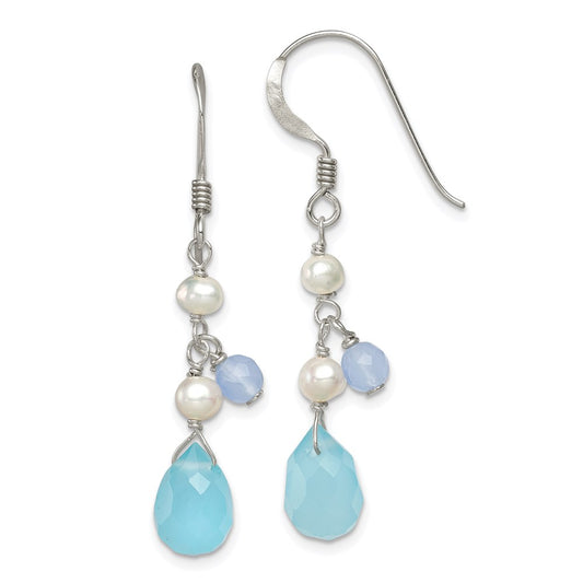 QE2559 Sterling Silver Blue Topaz/Blue Agate/FW Cultured Pearl Earrings