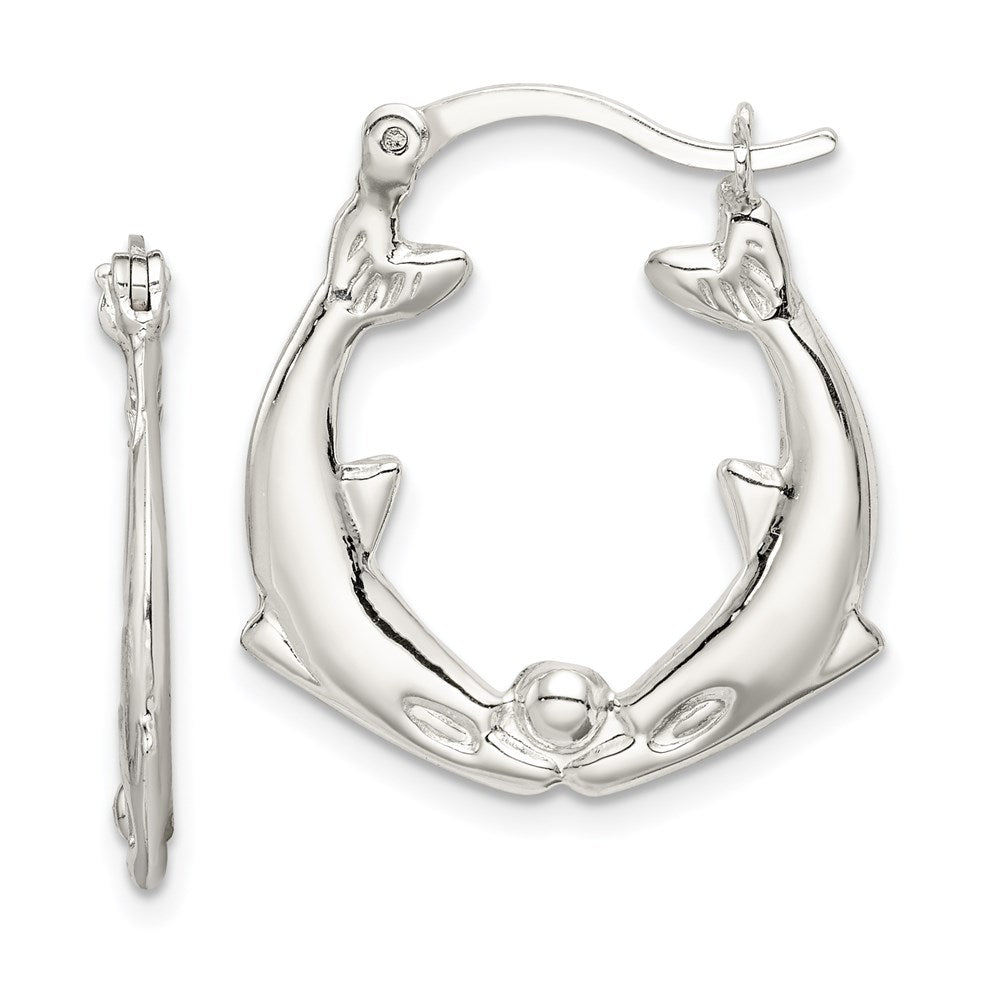 QE256 Sterling Silver Rhodium-plated Polished Dolphins Round Hoop Earrings