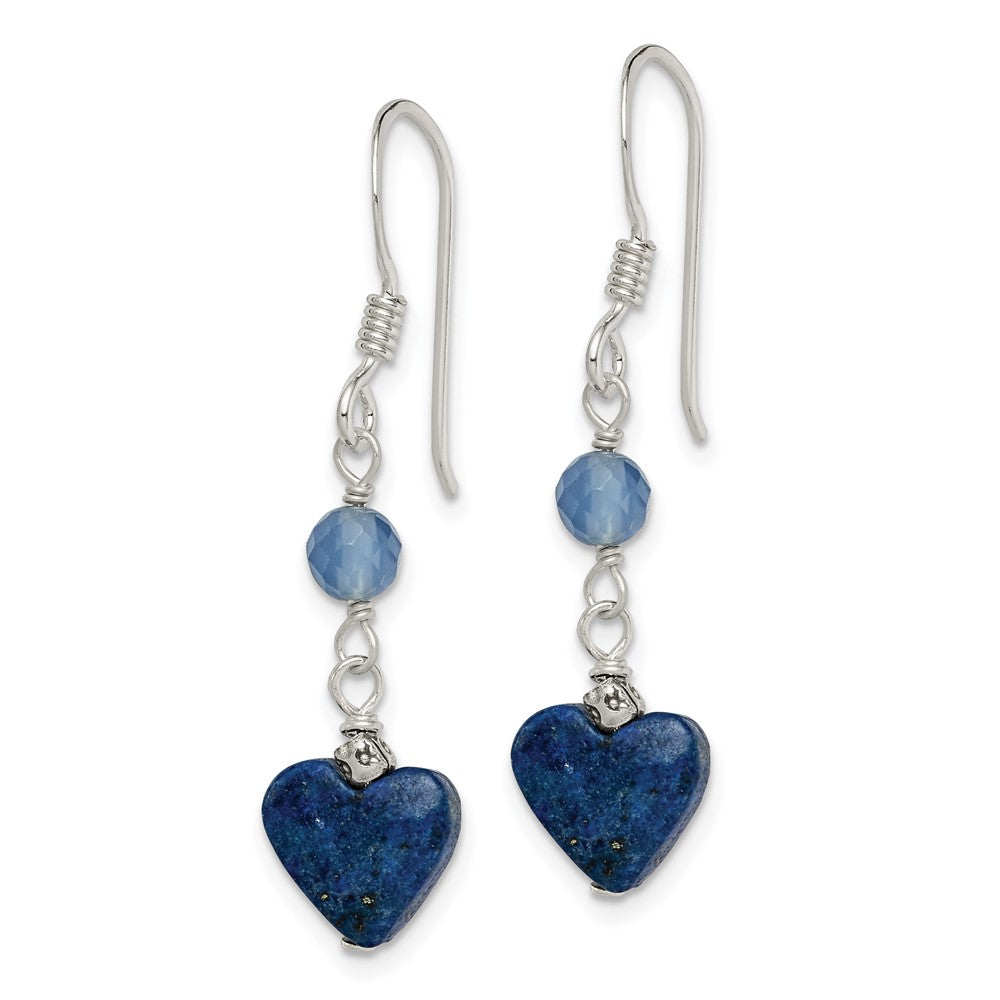 QE2571 Sterling Silver Polished & Antiqued Blue Agate & Lapis Heart Dangle Earring