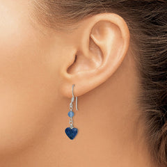 QE2571 Sterling Silver Polished & Antiqued Blue Agate & Lapis Heart Dangle Earring