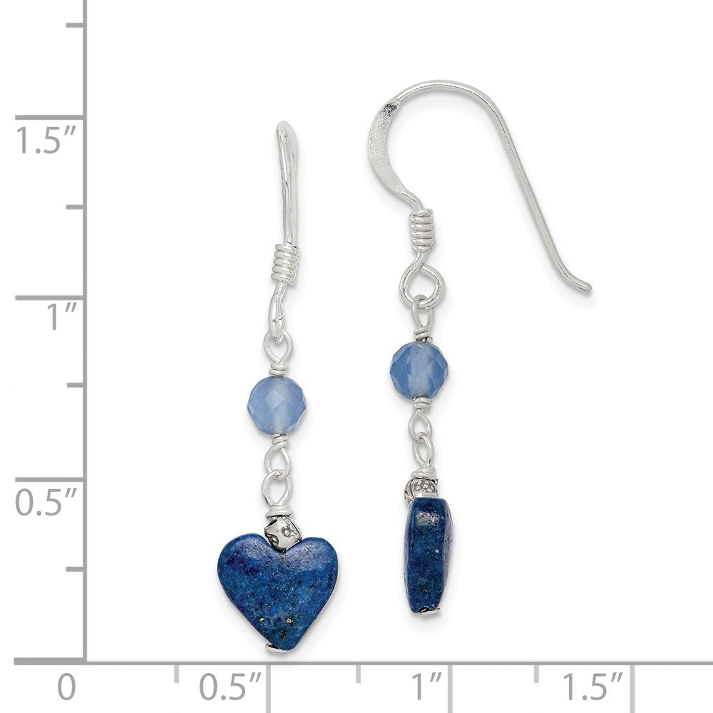 QE2571 Sterling Silver Polished & Antiqued Blue Agate & Lapis Heart Dangle Earring