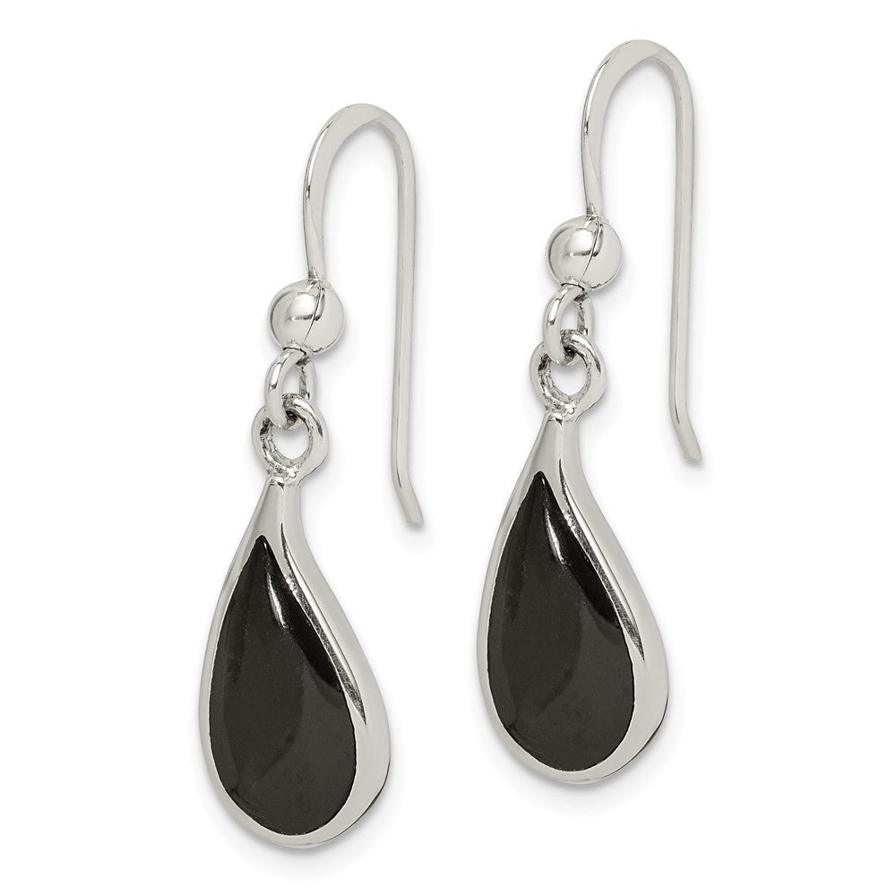 QE2731 Sterling Silver Polished Curved Onyx Teardrop Dangle Earrings