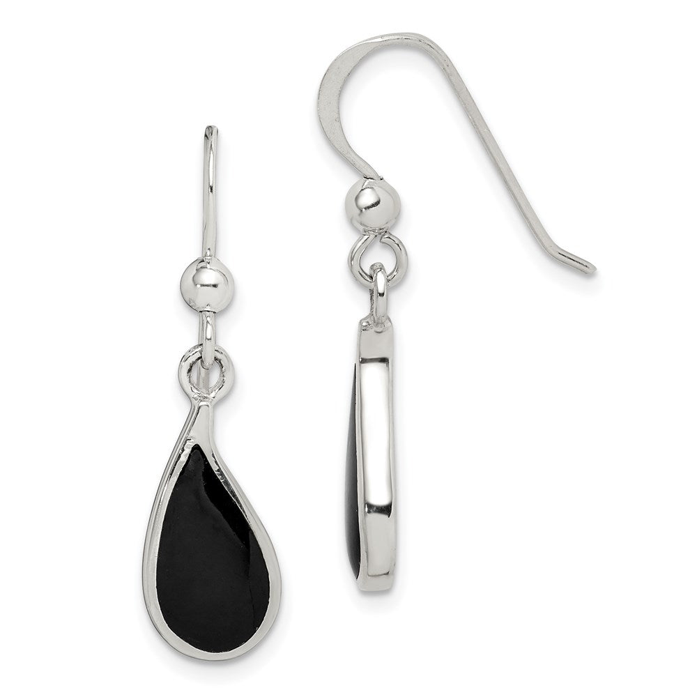 QE2731 Sterling Silver Polished Curved Onyx Teardrop Dangle Earrings