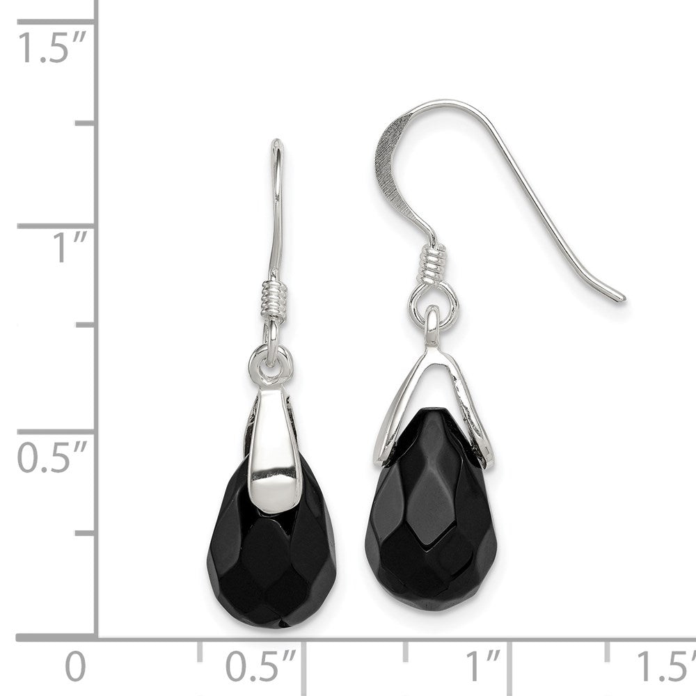 QE2894 Sterling Silver Polished Faceted Onyx Teardrop Dangle Earrings