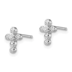 QE3082 Sterling Silver Rhodium-plated Polished Bezel CZ Cross Post Earrings