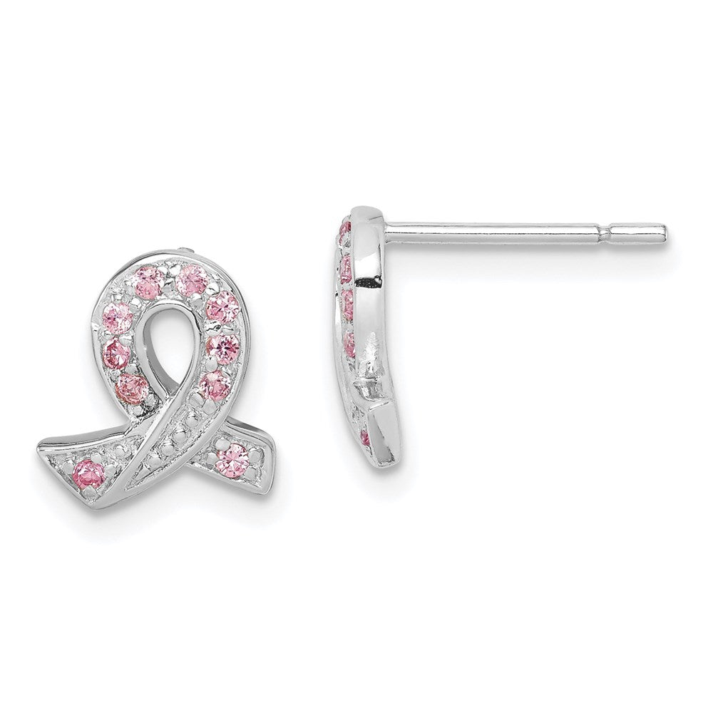 QE3115 Sterling Silver Rhodium-plated Pink CZ Ribbon Earrings