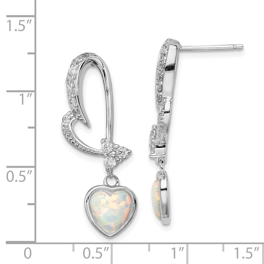 QE3135 Sterling Silver Rhodium plated Created Opal and CZ Heart Earrings