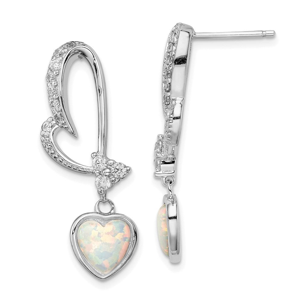 QE3135 Sterling Silver Rhodium plated Created Opal and CZ Heart Earrings