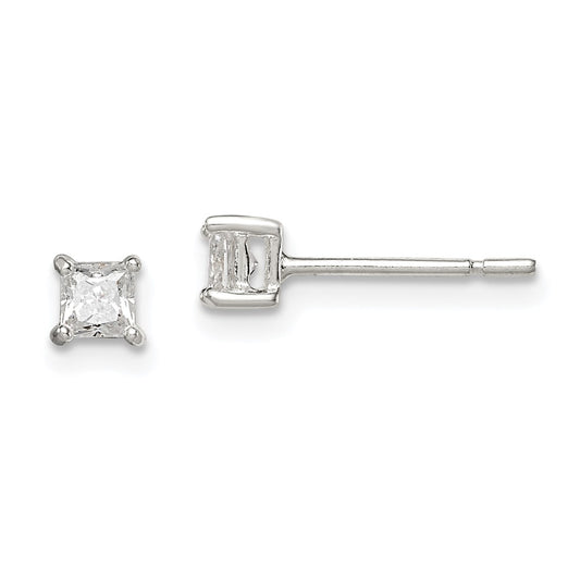 QE3150 Sterling Silver 3mm Princess Basket Set CZ Stud Earrings