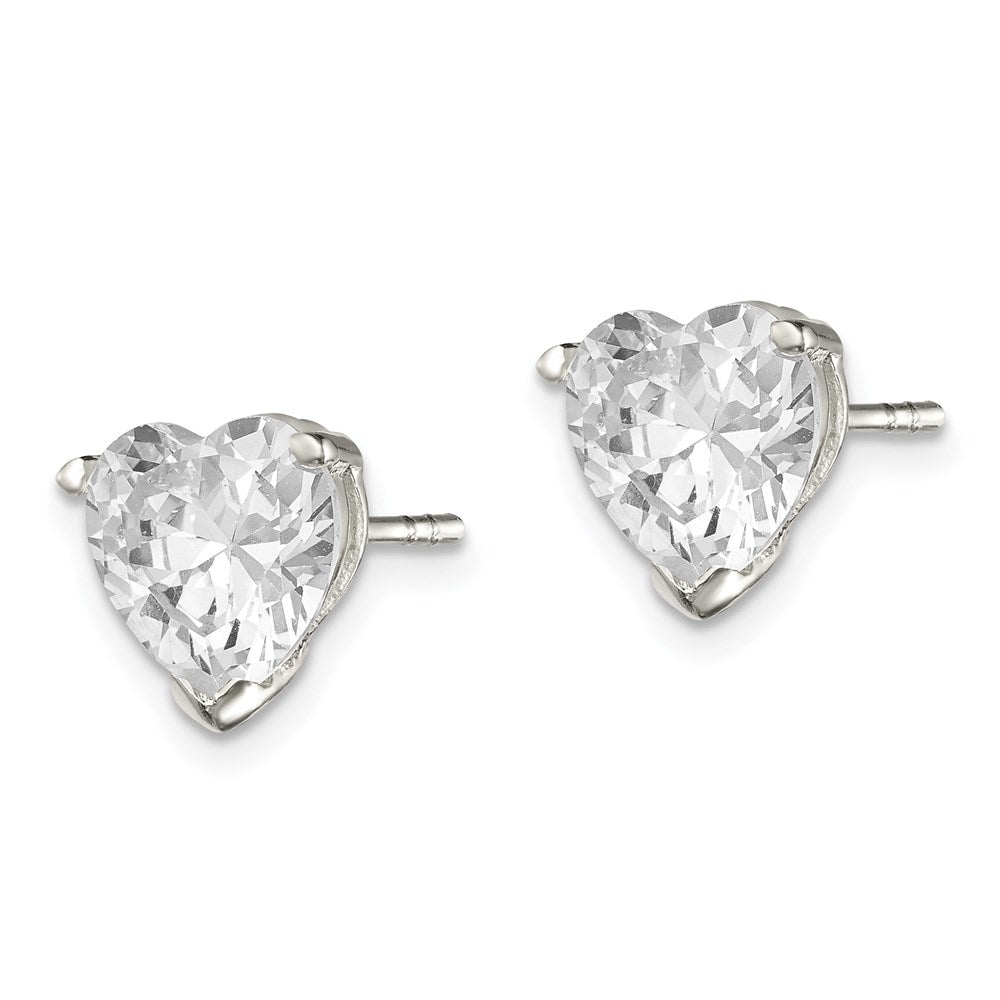 QE3160 Sterling Silver Polished 8mm Heart 3 Prong Basket Set CZ Stud Earrings