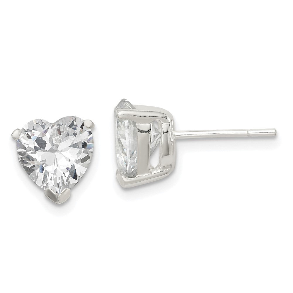 QE3160 Sterling Silver Polished 8mm Heart 3 Prong Basket Set CZ Stud Earrings
