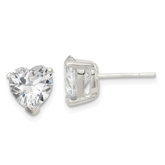 QE3160 Sterling Silver Polished 8mm Heart 3 Prong Basket Set CZ Stud Earrings