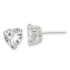 QE3160 Sterling Silver Polished 8mm Heart 3 Prong Basket Set CZ Stud Earrings