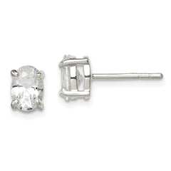 QE3163 Sterling Silver Polished 5x7mm Oval Basket Set CZ Stud Earrings
