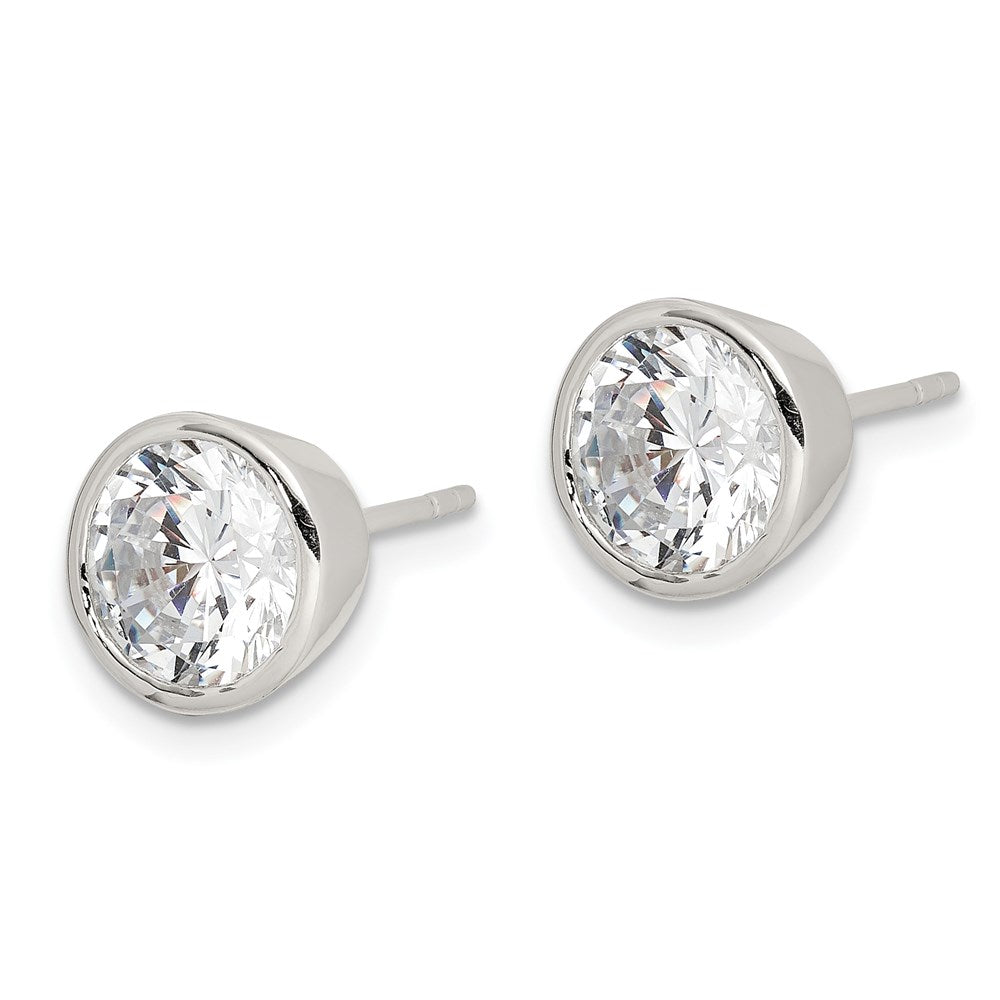 QE3176 Sterling Silver Polished 7mm Round CZ Bezel Set Stud Earrings