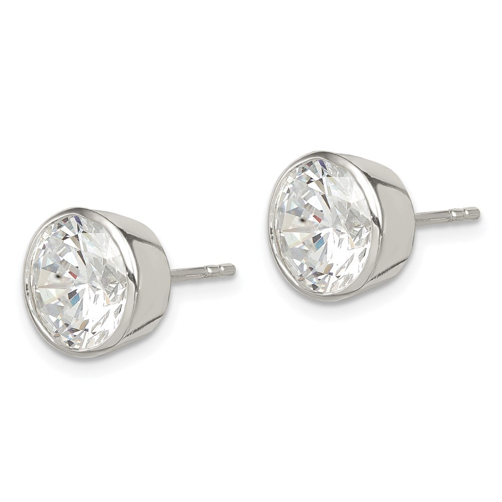 QE3177 Sterling Silver Polished 9mm Round CZ Bezel Set Stud Earrings