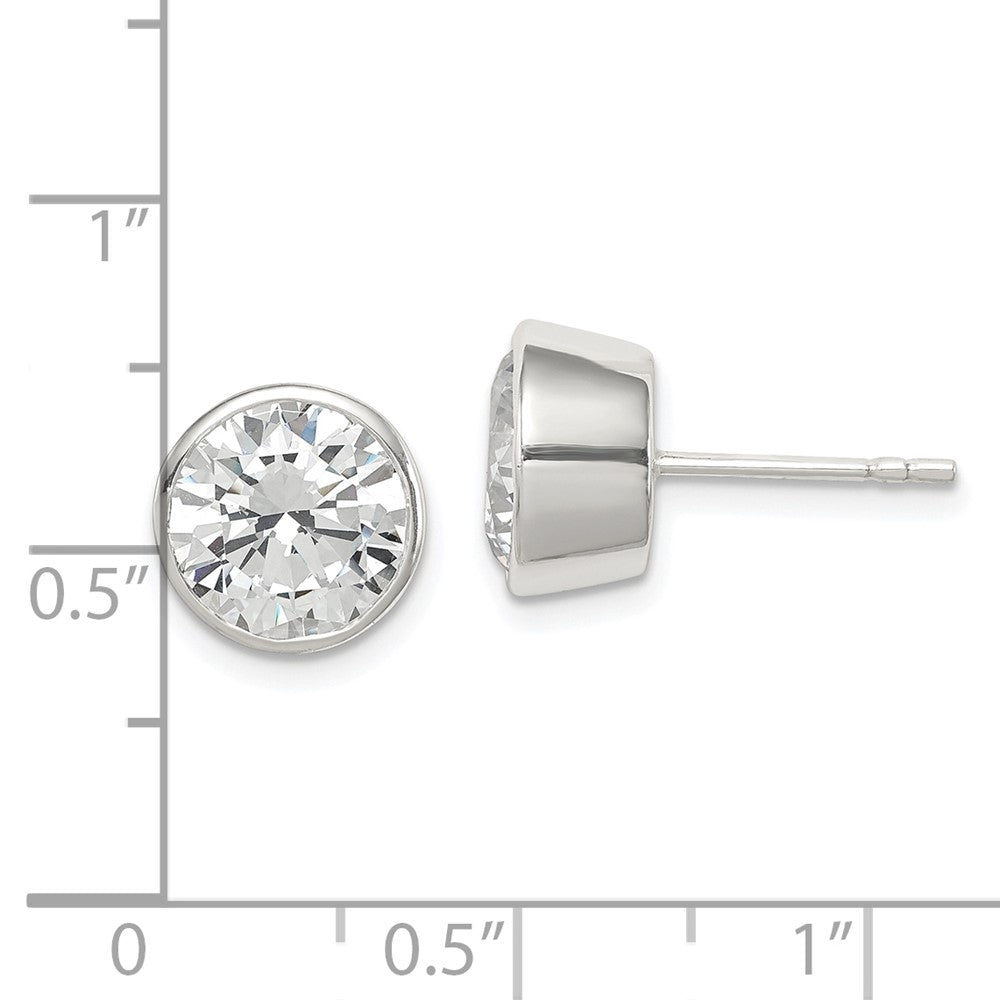 QE3177 Sterling Silver Polished 9mm Round CZ Bezel Set Stud Earrings
