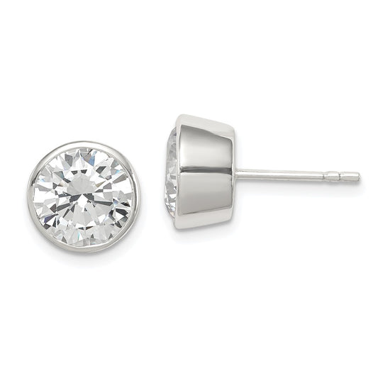 QE3177 Sterling Silver Polished 9mm Round CZ Bezel Set Stud Earrings