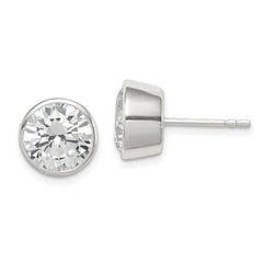 QE3177 Sterling Silver Polished 9mm Round CZ Bezel Set Stud Earrings