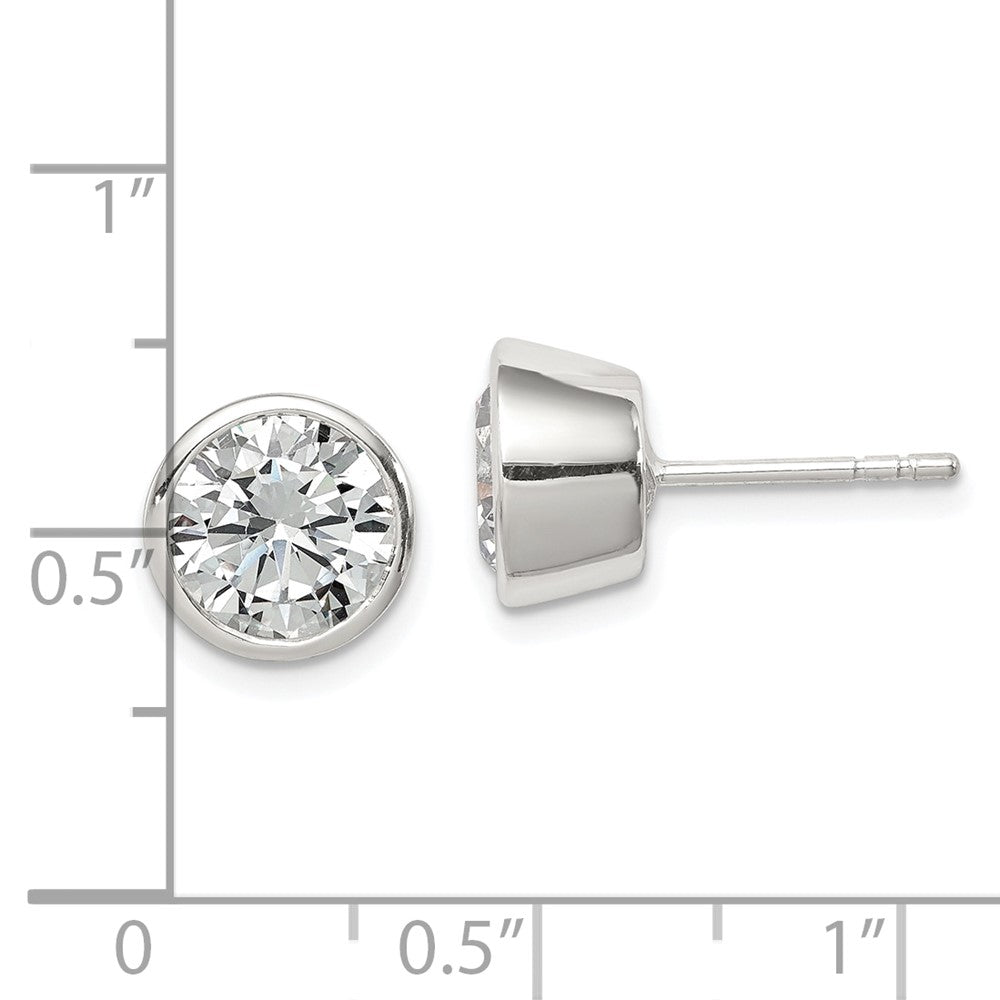 QE3178 Sterling Silver Polished 8mm Round CZ Bezel Set Stud Earrings