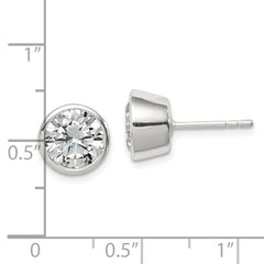 QE3178 Sterling Silver Polished 8mm Round CZ Bezel Set Stud Earrings