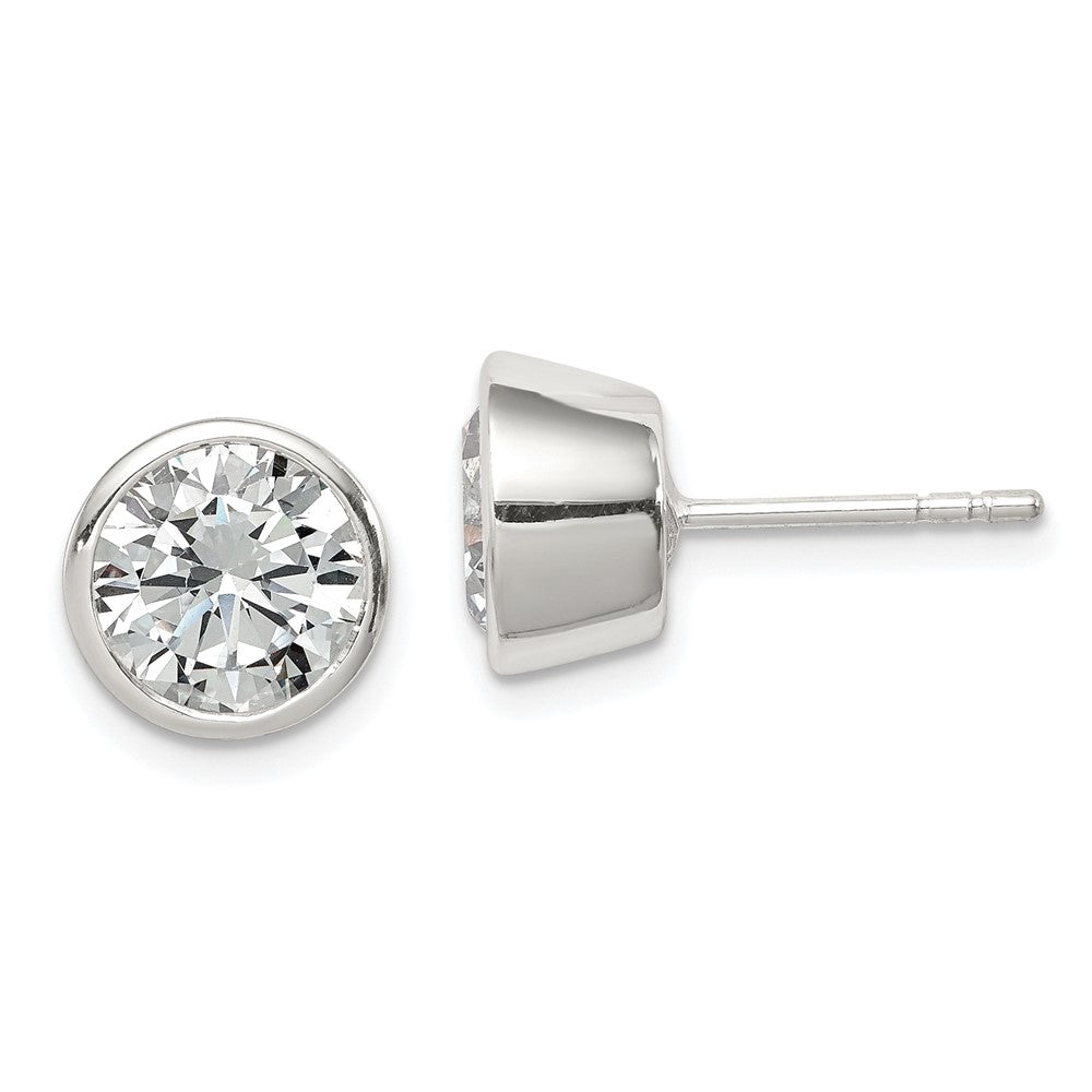 QE3178 Sterling Silver Polished 8mm Round CZ Bezel Set Stud Earrings