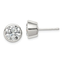 QE3178 Sterling Silver Polished 8mm Round CZ Bezel Set Stud Earrings