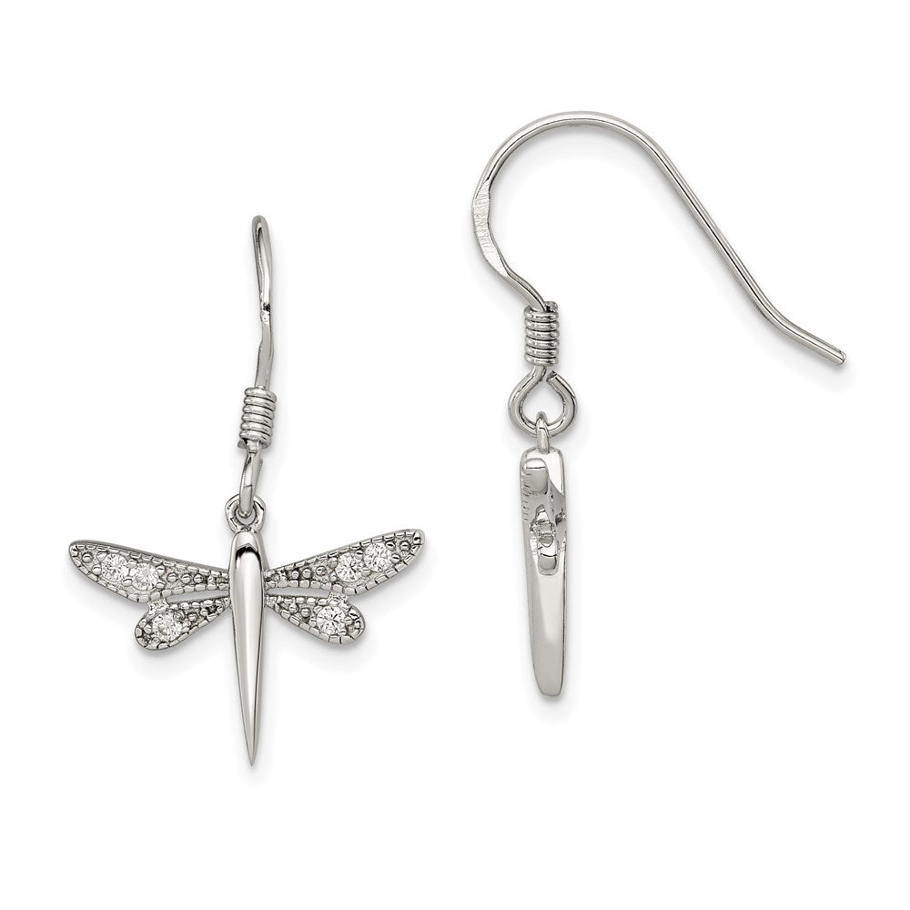 QE3271 Sterling Silver Rhodium-plated Polished CZ Dragonfly Earrings