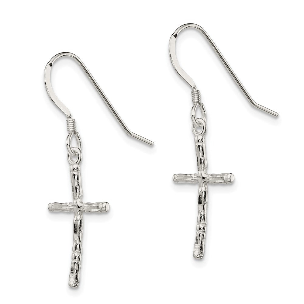 QE3324 Sterling Silver Polished & Textured Cross Dangle Earrings