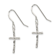 QE3324 Sterling Silver Polished & Textured Cross Dangle Earrings