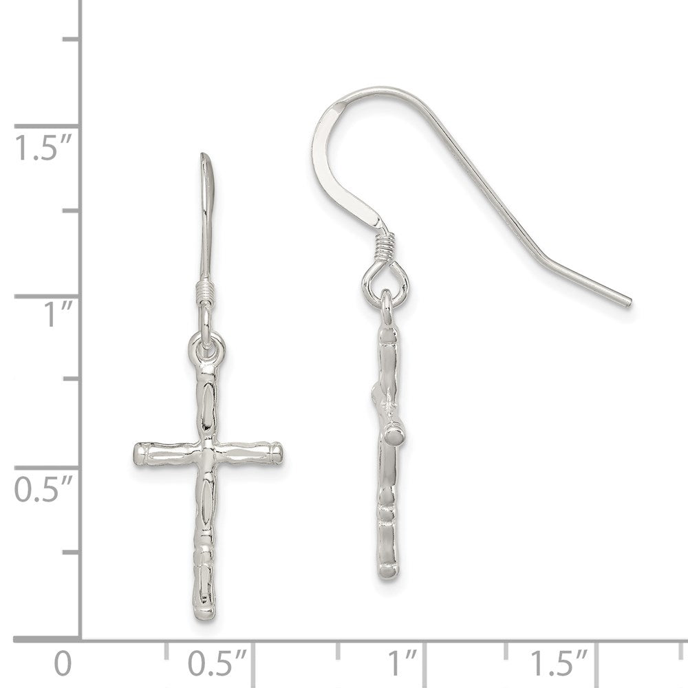 QE3324 Sterling Silver Polished & Textured Cross Dangle Earrings