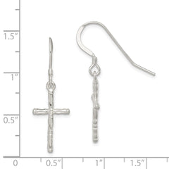 QE3324 Sterling Silver Polished & Textured Cross Dangle Earrings