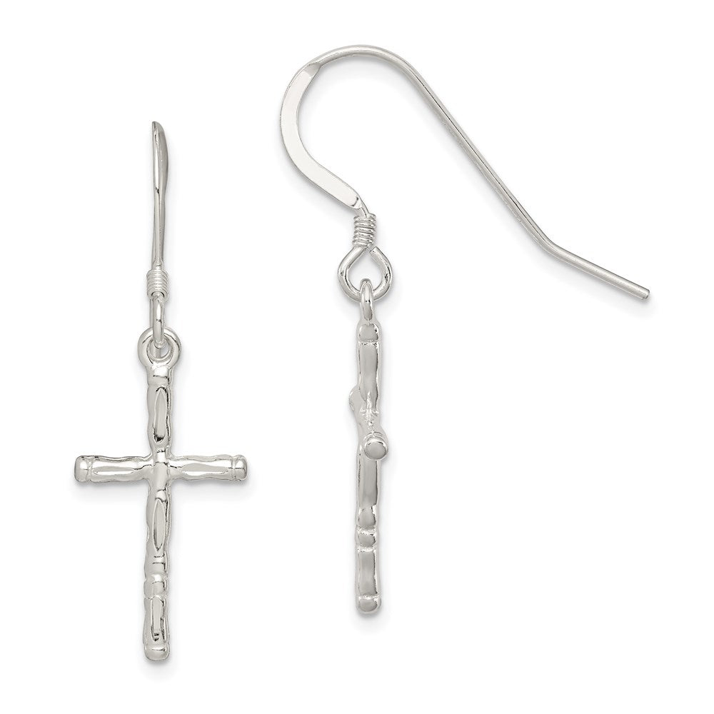 QE3324 Sterling Silver Polished & Textured Cross Dangle Earrings