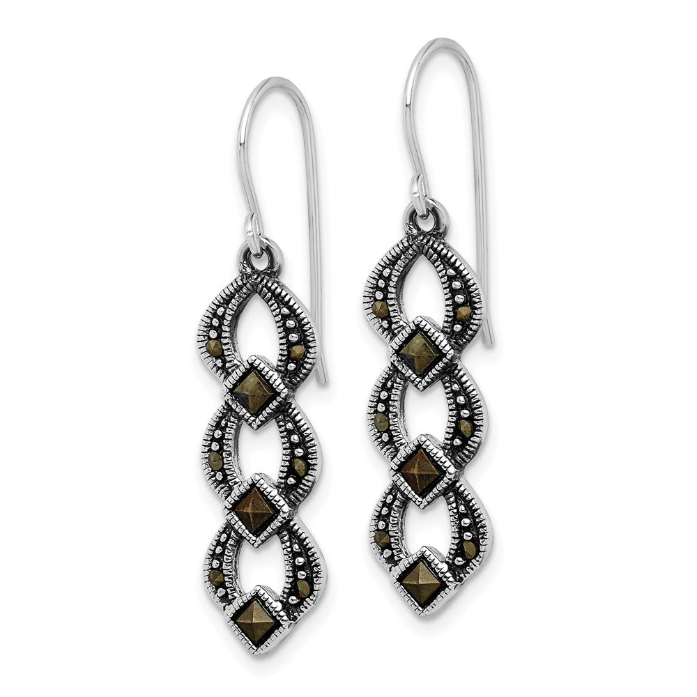QE3411 Sterling Silver Rhodium-plated Antiqued & Textured Marcasite Dangle Earring