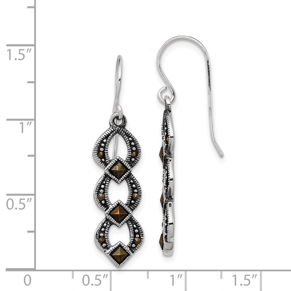 QE3411 Sterling Silver Rhodium-plated Antiqued & Textured Marcasite Dangle Earring