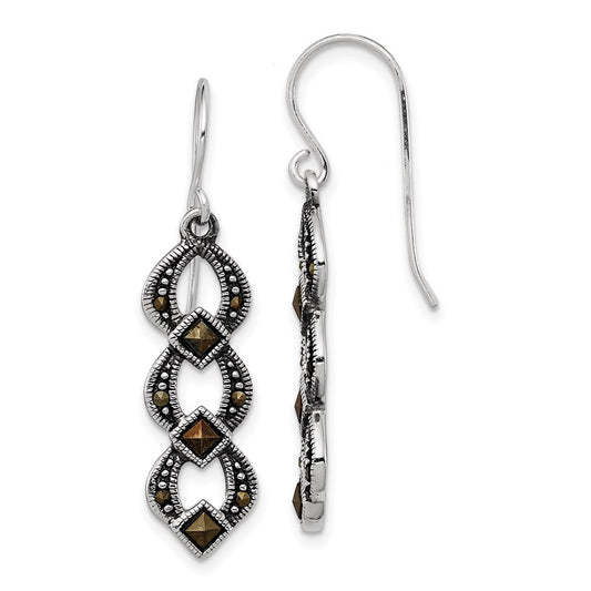 QE3411 Sterling Silver Rhodium-plated Antiqued & Textured Marcasite Dangle Earring