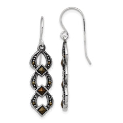 QE3411 Sterling Silver Rhodium-plated Antiqued & Textured Marcasite Dangle Earring